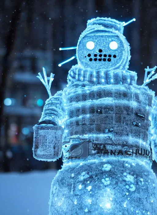 Image similar to photo of a cyber snowman, cyberpunk, made of snow and metal, interesting angle, sharp focus, 8 k high definition, insanely detailed, intricate, intelligent, art by kazuya takahashi, fenghua zhong, sangsoo jeong, kevin hou