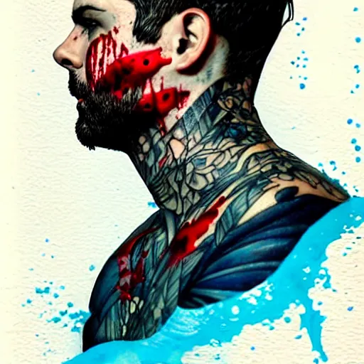 Image similar to a portrait of a man with side profile blood in ocean intricate details :: tattoo on neck :: wearing a hazmat suit by MARVEL comics and Sandra Chevrier