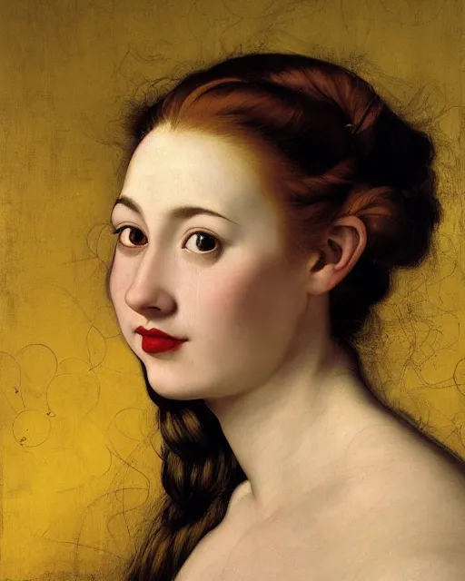 Image similar to a happy a young woman wearing a sophisticated dress, among the lights of golden fireflies and nature, long loose red hair, intricate details, green eyes, freckles on the nose, round gentle smiling face, golden ratio, high contrast, photorealistic digital art by artemisia lomi gentileschi and caravaggio and artgerm.