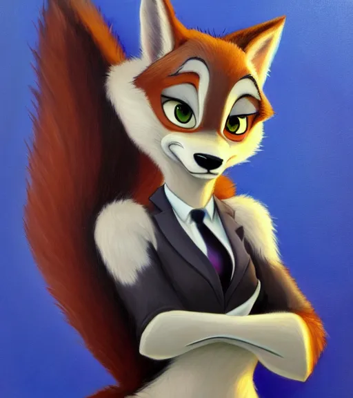 Image similar to full body oil painting of anthromorphic furry female wolf, in style of zootopia, female fursona, furry, furaffinity, 4 k, deviantart, furry art, fursona art, wearing black business suit, wearing business suit, wolf fursona, expressive feminine face, female,