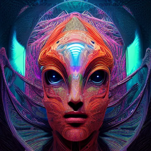 Image similar to Face of a Alien Deity, centered, corals, plume made of geometry, extremly detailed digital painting, sharp focus in the style of android jones, artwork of a futuristic artificial intelligence superstar with frames made of detailed circuits, mystical colors, rim light, beautiful lighting, 8k, stunning scene, raytracing, octane, under water visual distortion, dark tones colors, trending on artstation