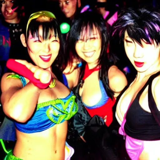 Prompt: blanka and chun li at a rave party in shibuya