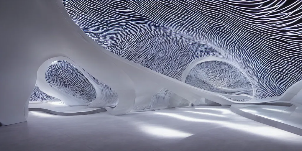 Image similar to extremely detailed awe ornate stunning beautiful futuristic smooth curvilinear elegant museum symmetrical interior by zaha hadid, translucent gills, stunning volumetric light, stainless steel, concrete, translucent material, beautiful sunset, hyper real, 8 k, colorful, stunning light coming through, 3 d cinematic volumetric light, atmospheric light