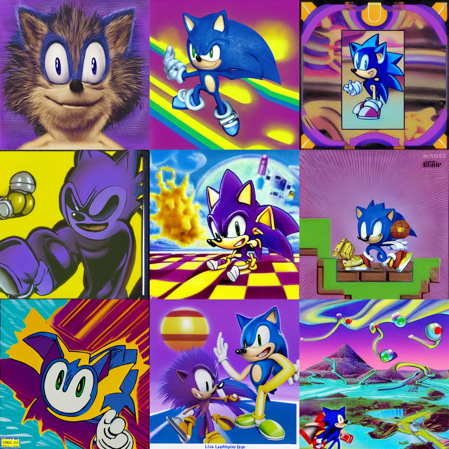 Prompt: polaroid portrait of sonic hedgehog and a matte painting landscape of a surreal, sharp, detailed professional, soft pastels, high quality airbrush art album cover of a liquid dissolving airbrush art lsd dmt sonic the hedgehog swimming through cyberspace, purple checkerboard background, 1 9 9 0 s 1 9 9 2 sega genesis rareware video game album cover