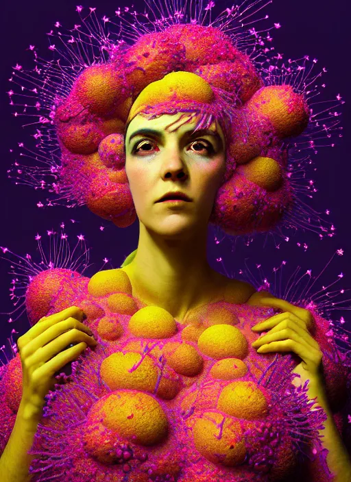 Image similar to hyper detailed 3d render like a Oil painting - Ramona Flowers in mascara seen Eating of the Strangling network of colorful yellowcake and aerochrome and milky Fruit and Her delicate Hands hold of gossamer polyp blossoms bring iridescent fungal flowers whose spores black the foolish stars by Jacek Yerka, Mariusz Lewandowski, Houdini algorithmic generative render, Abstract brush strokes, Masterpiece, Edward Hopper and James Gilleard, Zdzislaw Beksinski, Mark Ryden, Wolfgang Lettl, Dan Hiller, hints of Yayoi Kasuma, octane render, 8k