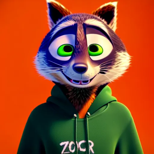 Prompt: a relaxed stoner with a black hoodie on with a marijuana themed dark green raccoon head from zootopia, 3 d, blender 3 d, render, extremely detailed, 8 k, has cracked red eyes