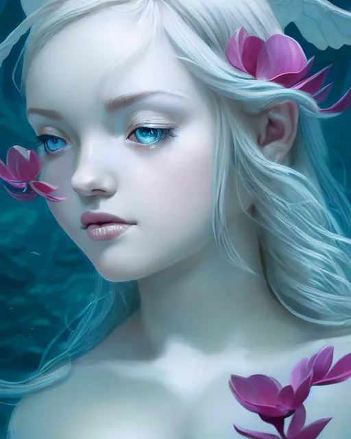 Prompt: character art of a goddess of magnolias as underwater angelic young female | | seductive - fine - face, pretty face, key visual, realistic shaded perfect face, fine details by stanley artgerm lau, wlop, nekro, james jean, andrei riabovitchev, marc simonetti, and sakimichan, trending on artstation