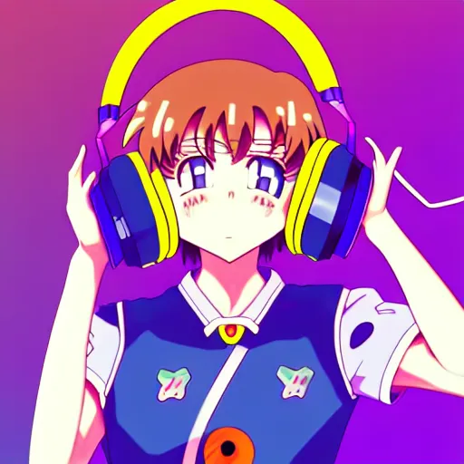 Image similar to An anime character's head wearing retro headphones. 90s anime, Sailor Moon, Neon Genesis, official art, flat cell shading, fantastic screenshot art, trending on artstation, muted nostalgic colors