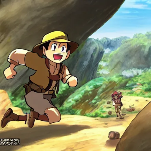 Image similar to Indiana Jones running away from boulder trap, boulder chase, stone temple background, giant round stone chasing Indian Jones, raiders of the lost ark, made in abyss anime style