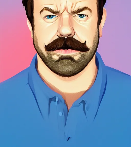 Image similar to face icon stylized minimalist jason sudeikis with mustache wearing blue shirt white color, loftis, cory behance hd by jesper ejsing, by rhads, makoto shinkai and lois van baarle, ilya kuvshinov, rossdraws global illumination