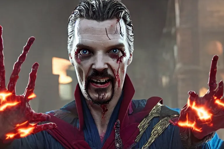 Image similar to film still of zombie zombie doctor strange as a zombie in new avengers movie, 4k