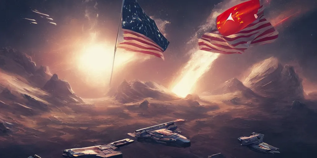 Prompt: space war between china and usa, space ships with usa flag, space ships with china flag, space, war, great compostion, lighting chiaroscuro, art by sebastien hue, insanely highly detailed artwork, trending on artstation