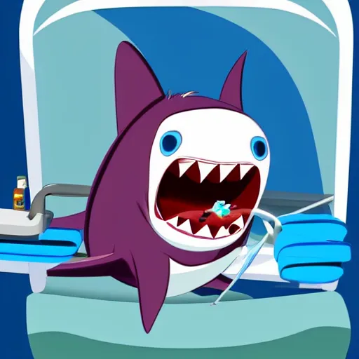 Prompt: cartoon shark having dental work in the dentist chair