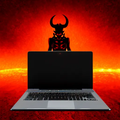 Prompt: a demon ~ using a laptop ~ lava background ~ sitting on a chair ~, 4 k, ultra hd