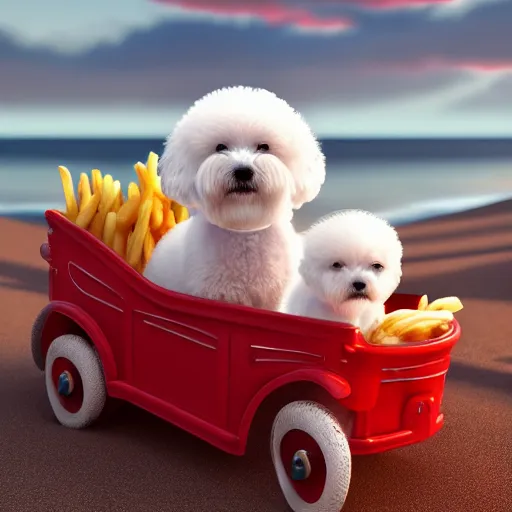 Prompt: a photorealistic photograph of a smiling white Bichon Frisé puppy riding in red wagon, overflowing french fries during sunset at the beach Trending on Artstation, featured on Behance, well-rendered, Unreal Engine, 4K HD