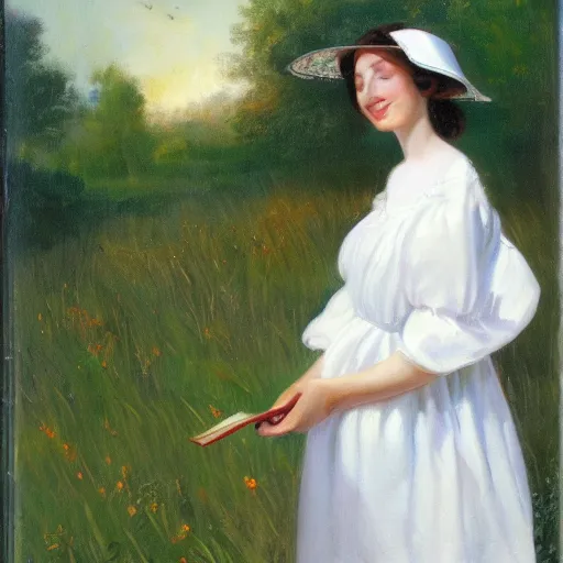 Prompt: young pioneer lady in a meadow, white dress and bonnet, book cover, oil