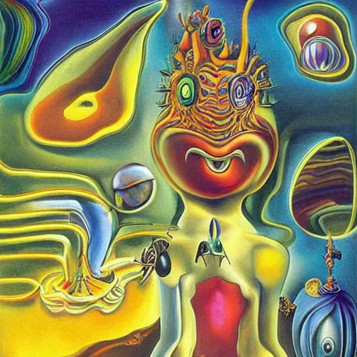 Prompt: a hd surrealism painting of a 3d cast glass galactic neon complimentary colored cartoon surrealism melting creature by kandsky and salvia dali the fourth, salvador dali's much much much much much much much more talented painter cousin, 4k, ultra realistic