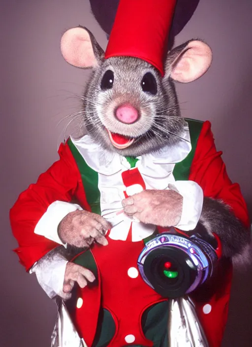 Image similar to Chuck E. Cheese mascot low quality 2002 circus portrait of an anthropomorphic rat animatronic dressed like a clown, professional portrait, camera flash, dimly lit mouse, Chuck E. Cheese head, authentic, mouse, costume weird creepy, off putting, nightmare fuel, Chuck E. Cheese