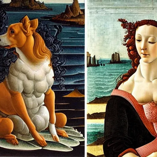 Image similar to oil painting by sandro botticelli of the birth of venus but with a black, brown and white corgi dog instead of venus standing on the scallop shell.