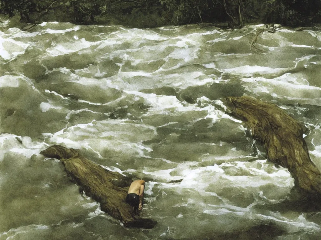 Image similar to Young man swimming in a turbulent river in the afternoon. Acacia trees in the wind, lightning strikes. Painting by Andrew Wyeth