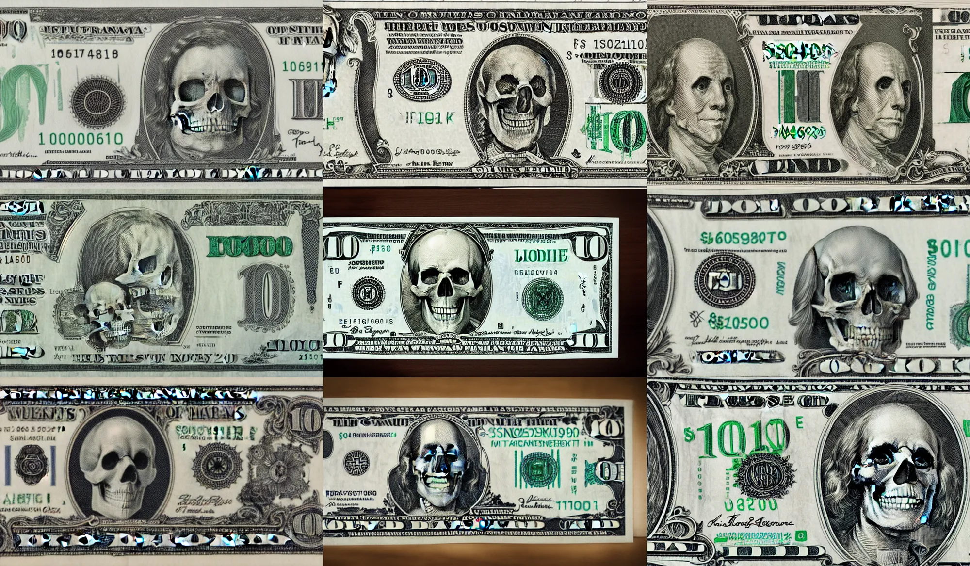 Prompt: skull on hundred dollar bill