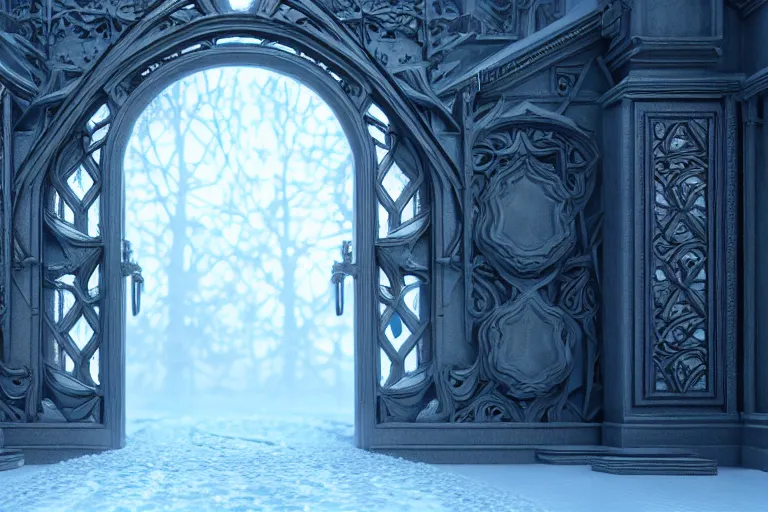 Image similar to a very detailed concept art of intricate gates to frost, trending on artstation, symmetry, digital art, 4 k, hyper realistic, octane render, sharp focus