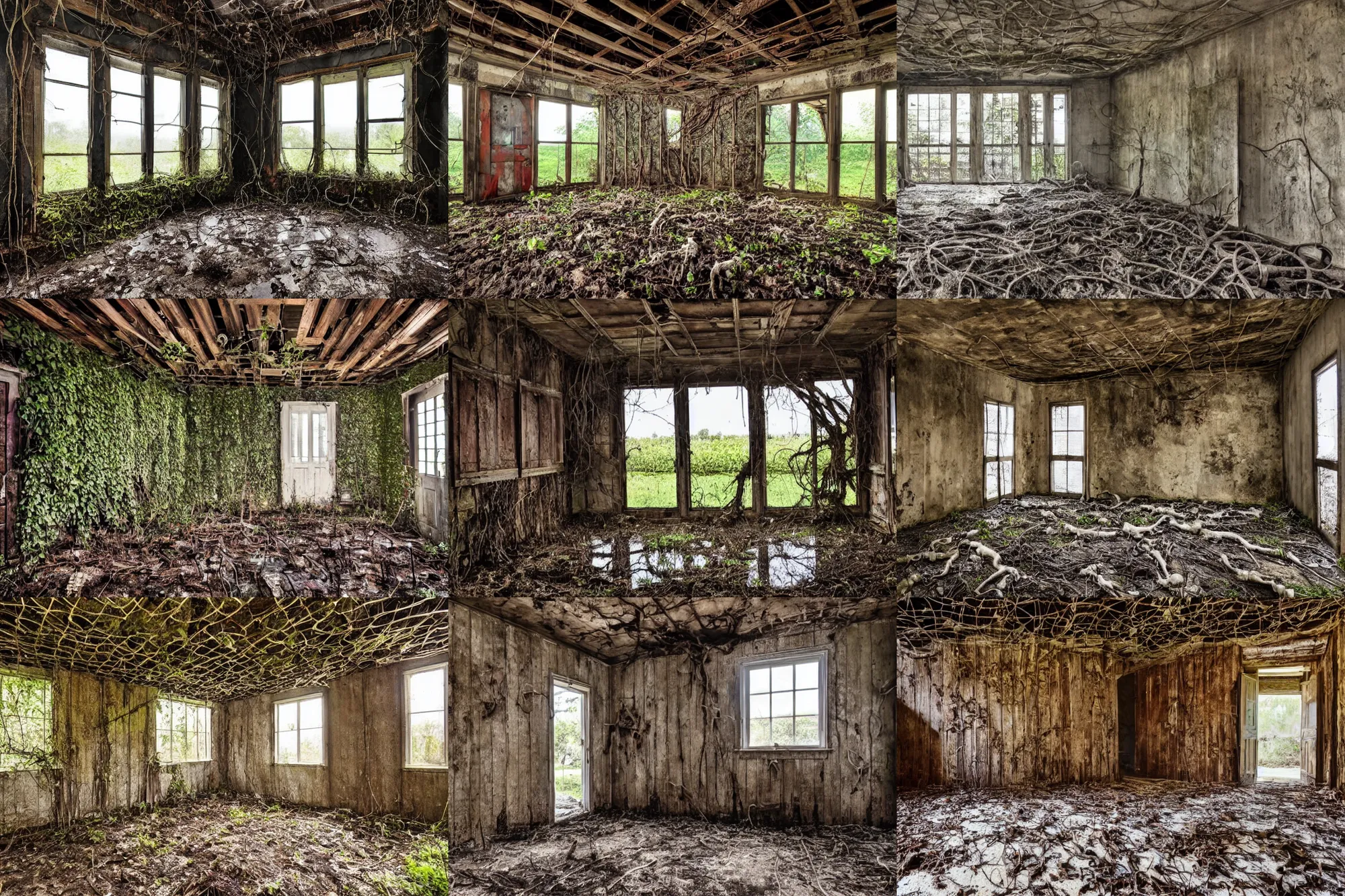 Prompt: real estate photograph, a creepy room, no windows, walls covered in vines and grime and bones, ground made of old floorboards and puddles