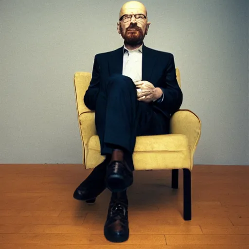 Image similar to walter white sitting on chair photo by annie leibovitz 8 0 mm lens bokeh