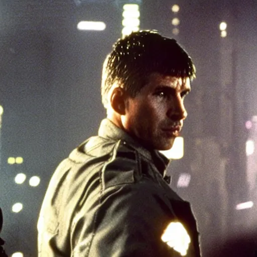 Image similar to film still blade runner Officer Deckard wearing techwear