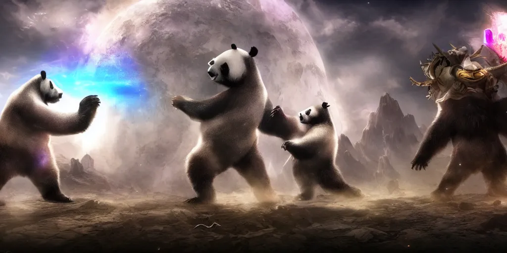 Prompt: space giant panda and unicorns fighting space mages, fantasy apocalypse, digital art, unreal engine 5, 4 k,