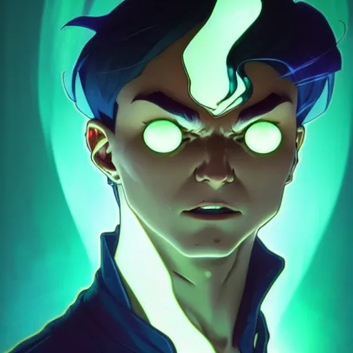 Image similar to a face portrait character design by artgerm, cushart krenz, greg rutkowski and alphonse mucha. young danny phantom!! glowing green eyes!! bold outline sharp edges. ultra clear detailed. 8 k. elegant, neon colors, symmetry, intricate complexity, epic composition, magical atmosphere, cinematic lighting masterpiece trending on artstation 8 k octane render.