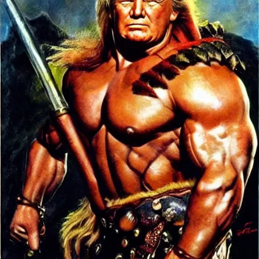 Image similar to extremely muscular Donald Trump looking like Conan the barbarian, fantasy, movie poster, by Frank Frazetta