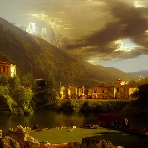 Image similar to bogota, colombia, painted by thomas cole, with dramatic lighting, concept art, matte painting, 8 k, highly detailed, artstation