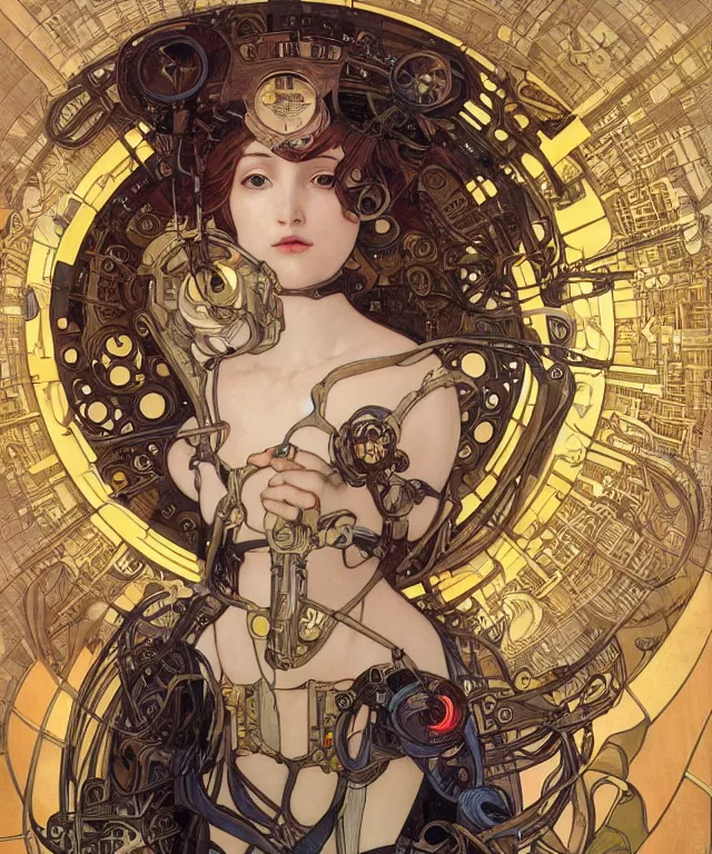 Image similar to realistic detailed portrait of a humanoid mecha cyberpunk! goddess by Alphonse Mucha and Charlie Bowater and art germ, rule of thirds, golden ratio, Art Nouveau! cyberpunk! style, mechanical accents!, mecha plate armor, glowing LEDs, flowing wires with leaves, art nouveau accents, art nouveau patterns and geometry, rich deep moody colors, portrait style with the subject in the middle of the frame