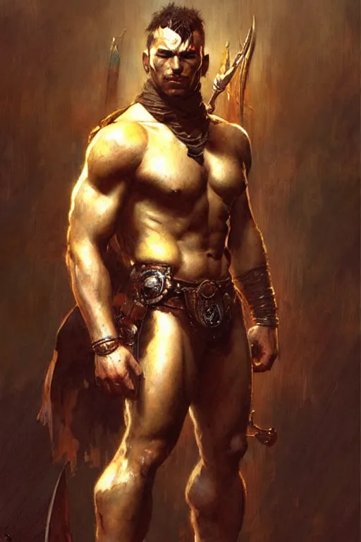 Image similar to warrior, attractive male, character design, painting by gaston bussiere, greg rutkowski, katsuya terada, frank frazetta, tom of finland, trending on artstation