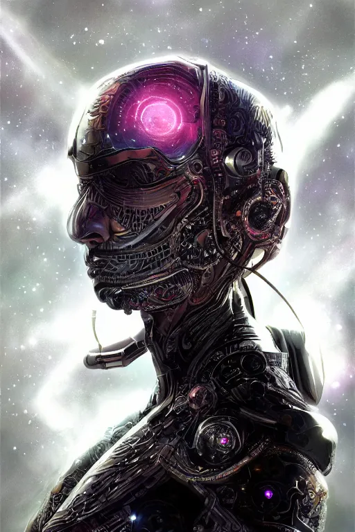 Prompt: portrait of a space cyborg, 3d, third person, lasers, cosmic background, fantasy, intricate, elegant, highly detailed, lifelike, photorealistic, digital painting, artstation, illustration, concept art, sharp focus, art by adam hughes