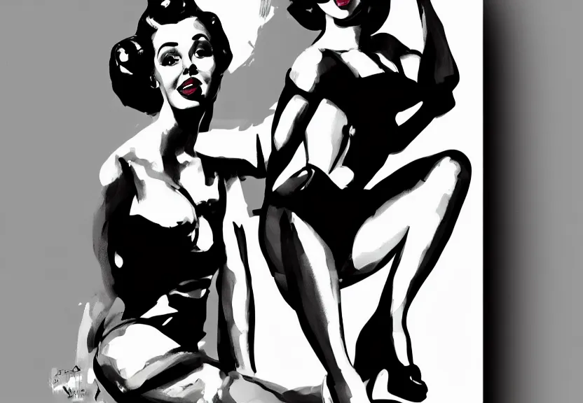 Image similar to painting of the figure of a pin up girl posing, high contrast, poster, clothes in the fashion of 6 0's, concept art, black and white, dramatic lighting, digital art, 8 k