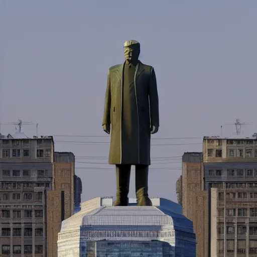 Image similar to soviet monument to donald trump, hyper real, 8 k, dystopian lighting, dusk