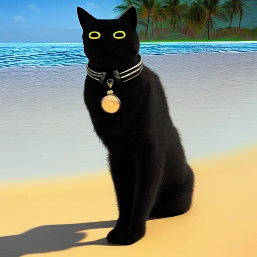 Prompt: A still of a black cat wearing sunglasses at a beach, award winning photo, unreal engine, highly detailed features