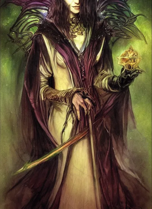 Image similar to portrait of young female sorceress of the endtimes, beautiful! coherent! dungeons and dragons character, by brian froud, strong line, night color, high contrast