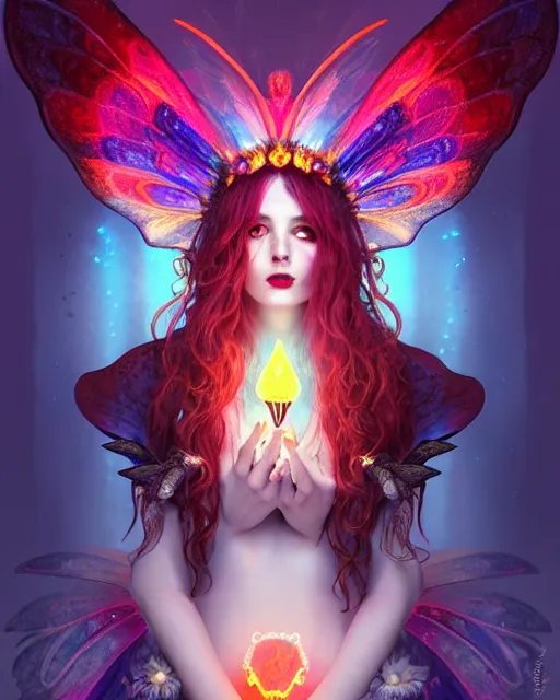 Prompt: stunningly beautiful female faerie priestess in amanita muscaria forest landscape, symmetrical wings on back, symmetrical face, neon hair, fantasy art, dark light night, sharp focus, digital painting, 4 k, concept art, art by wlop, artgerm, greg rutkowski and alphonse mucha