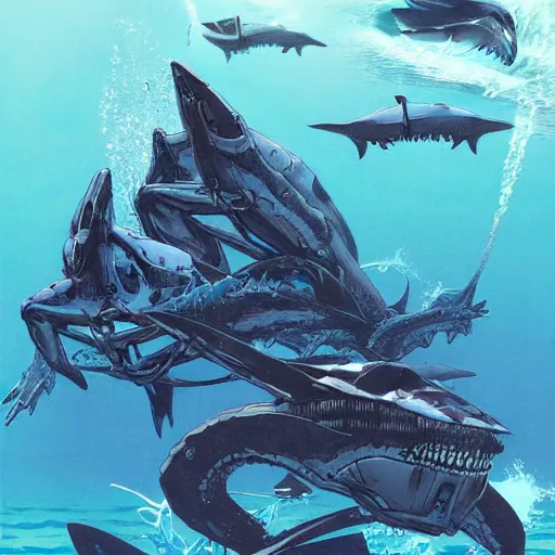 Image similar to aquatic mecha with a shark face, amphibious mobile suit by wayne barlowe, pascal blanche, victo ngai