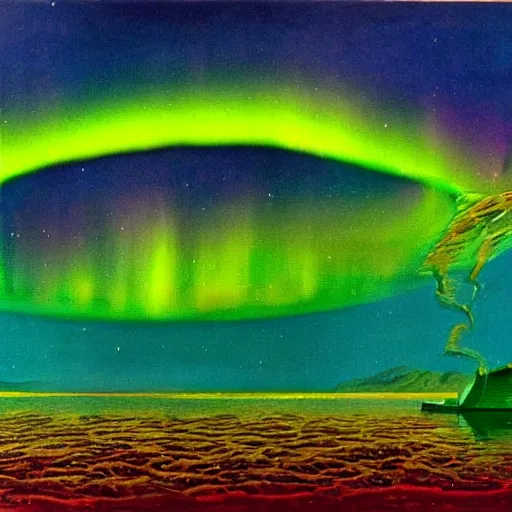 Prompt: a surrealist painting of the aurora borealis in an underwater scene.