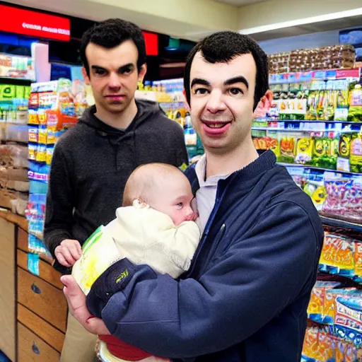 Prompt: Nathan fielder holding a baby in a 7 eleven,