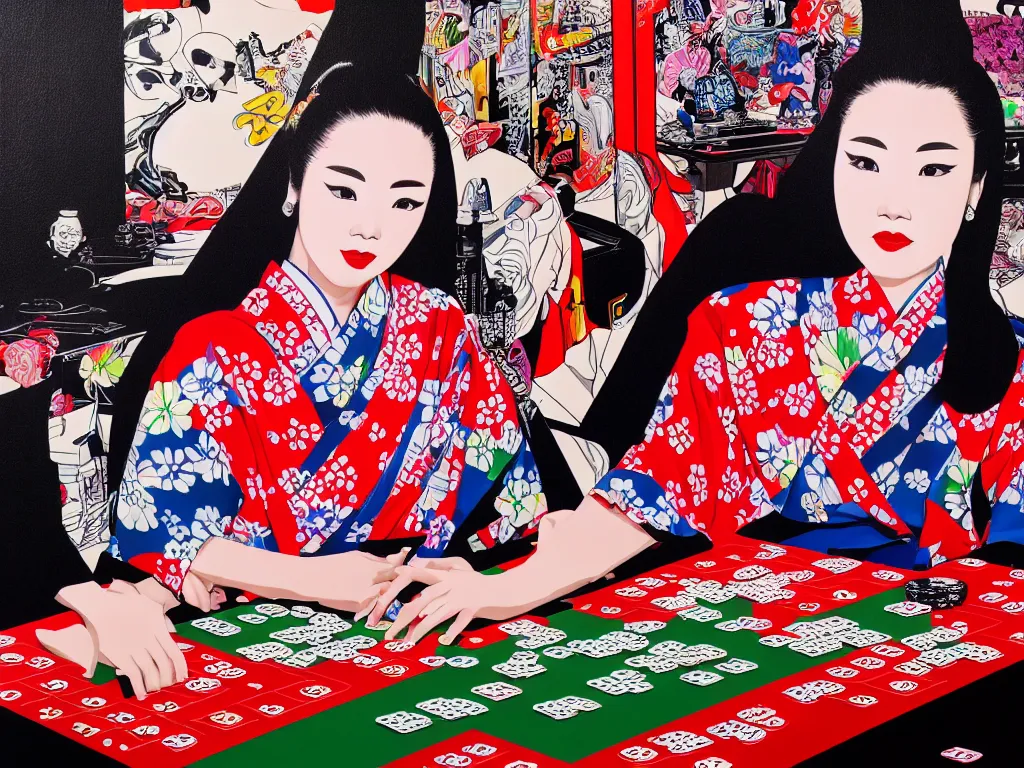 Image similar to hyperrealism composition of the detailed woman in a japanese kimono sitting at an extremely detailed poker table with darth vader, fireworks on the background, pop - art style, jacky tsai style, andy warhol style, acrylic on canvas