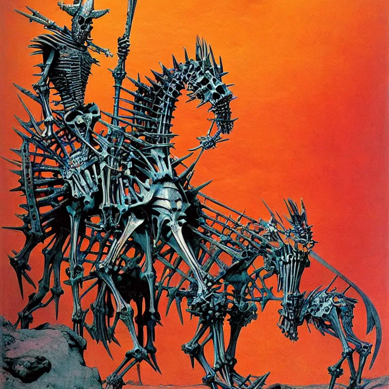 Prompt: A little colorful and vibrant. A spiked detailed horse skeleton with armored joints stands in a large cavernous throne room with halberd in hand. Massive shoulderplates. Extremely high details, realistic, fantasy art, solo, masterpiece, bones, ripped flesh, art by Zdzisław Beksiński, Arthur Rackham, Dariusz Zawadzki, Harry Clarke