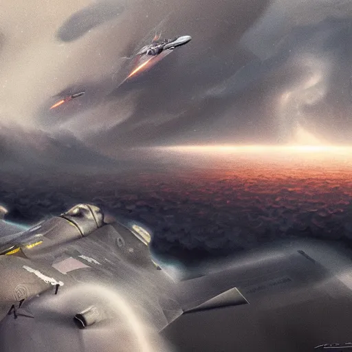 Image similar to f 3 5 jets in the storm clouds of jupiter, by cedric peyravernay, highly detailed, excellent composition, cinematic concept art, dramatic lighting, trending on artstation