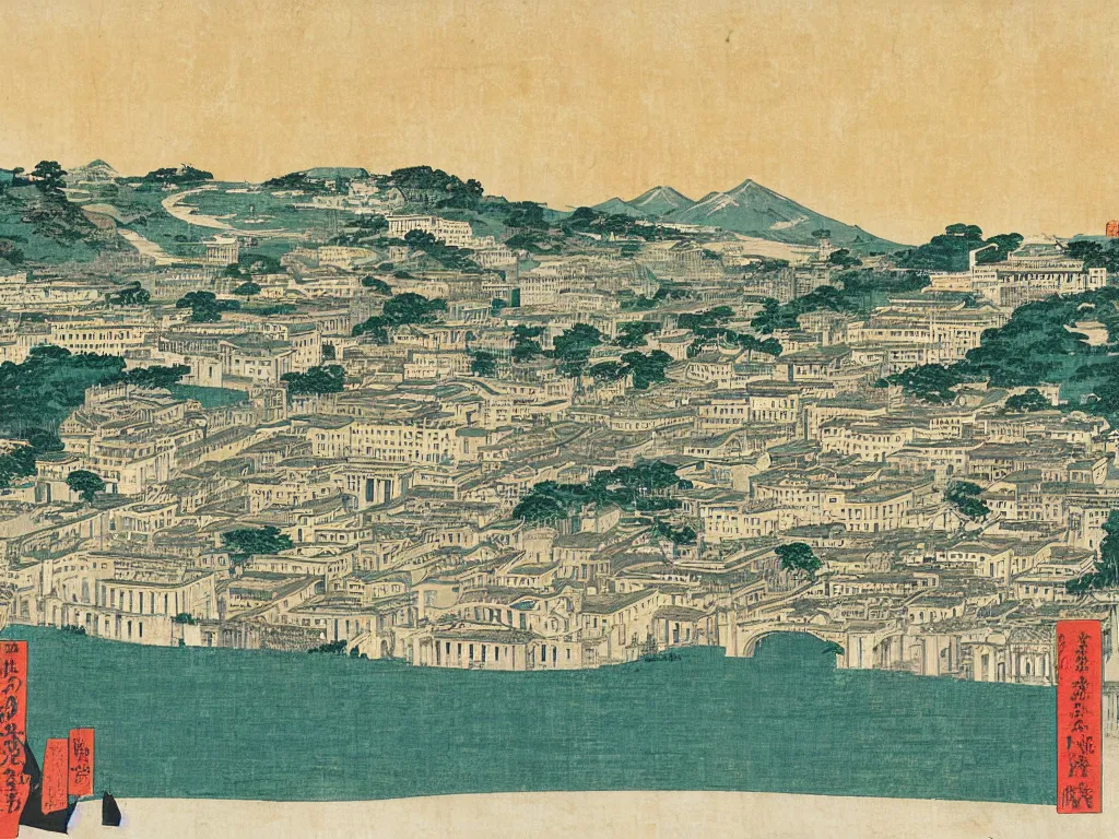 Prompt: View of the old Rome. Artwork by Hiroshige.