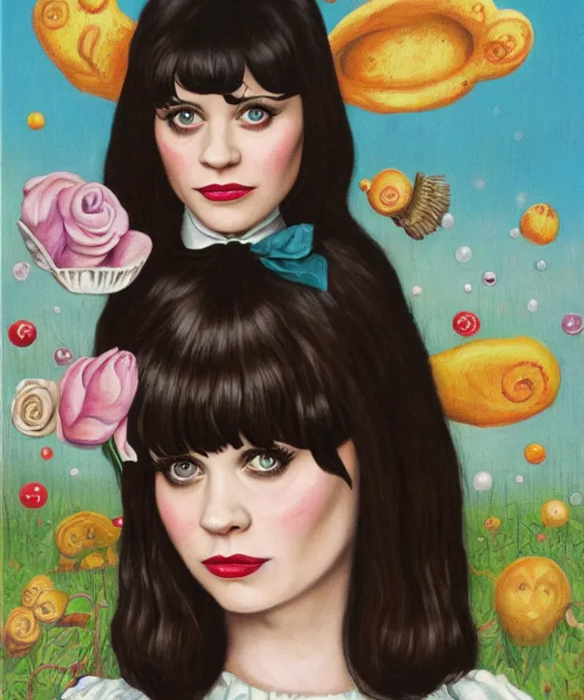 Image similar to portrait of Zooey Deschanel in wonderland, lowbrow painting by Mark Ryden