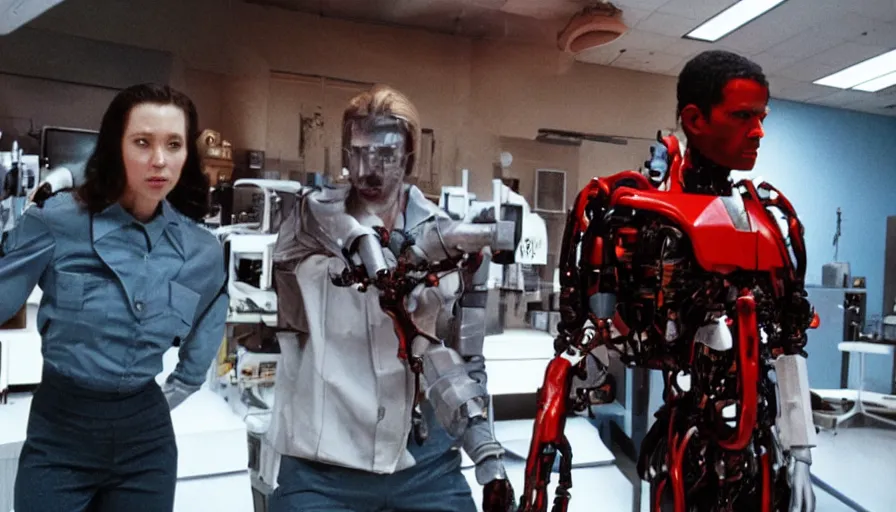 Image similar to big budget action movie about science lab emergency, code red, cyborg.